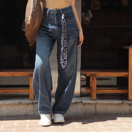 側邊大口袋彎刀褲(附絲巾)