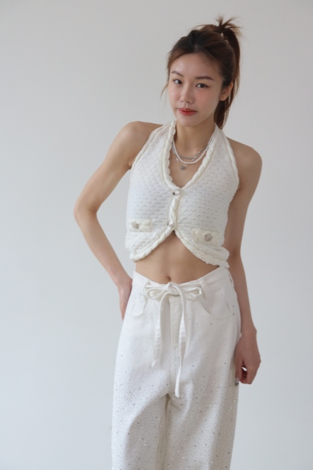 魚鱗織紋掛脖開扣削肩上衣