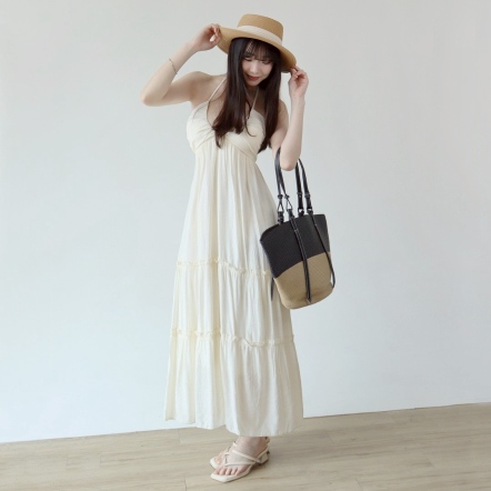 掛脖綁帶露背長洋裝