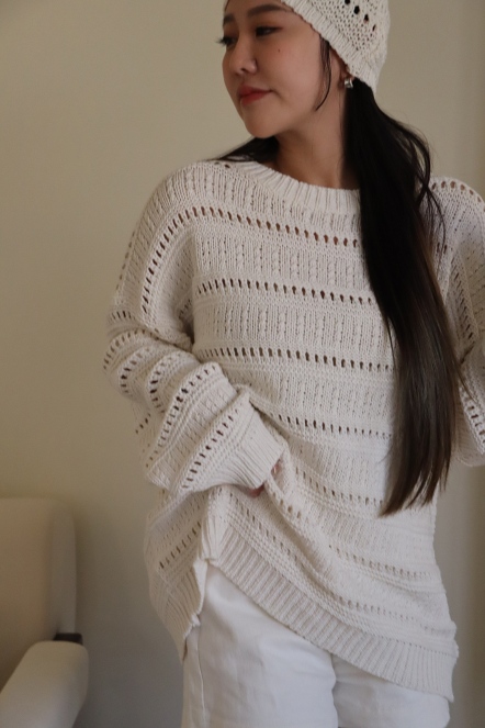 洞洞寬鬆針織上衣(附帽子)