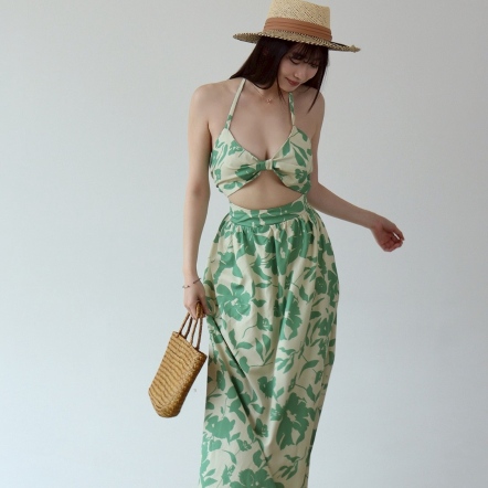掛薄綁帶露腰印花洋裝