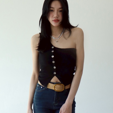 針織排釦單肩無袖下擺開衩背心