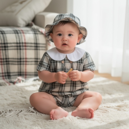 反領格紋附帽包屁衣